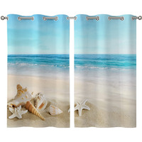 Beach Bathroom Curtains Summer Tropical Beach Starfish Seashell Kitchen Curtains Grommet Privacy Curtain Small Window Curtains For Caf  , Bath, Laundry, Living Room Bedroom 26 X 39 Inch, 2 Panels