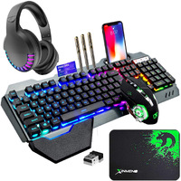 Wireless Gaming Keyboard Mouse Bluetooth Headset Kit With 16 Rgb Backlit Rechargeable Battery Metal Mechanical Ergonomic Waterproof Dustproof Removable Palm Rest For Laptop Pc Gamer(Rainbow Rgb)
