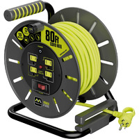 Masterplug 80Ft Cord Reel, Retractable Extension Lead With Winding Handle, Safety Overload Circuit Breaker And Power Switch, 4X Grounded Outlets, 13Amps, 14Awg Cable