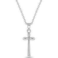 925 Sterling Silver Girl's 16"" Round Edge Plain Stick Cross Pendant Necklace - Shiny Rounded Cross Charm Necklaces For Children & Preteens - Classic Religious Petite Cross Jewelry For Little Girls
