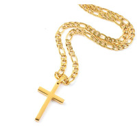 Fztn Jewelry Gold Cross Necklace For Men Women Teen Boys 26 Inch Flat Figaro Chain Necklace 18K Gold Plated Stainless Steel Fashion Jewelry