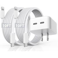 Iphone Fast Charger, 40W Dual Usb-C Quick Wall Charger 10Ft Charging 2Pack 10Ft Extra Long Lightning Cable+Double Port Foldable Usbc Iphone Charger Fast Charging For Iphone 14/13/12/11/Xr/Xs/Se/Ipad