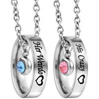 Mjartoria Matching Necklaces For Couples, His And Hers Engraved Rhinestone Ring Pendant Necklace Gifts For Boyfriends Girlfriends (Silver, Her Weirdo His Crazy)