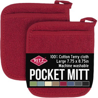 Ritz Terry Pocket Mitt & Hot Pad: Unparalleled Heat Resistant, Durable 100% Cotton - Ergonomically Designed For Optimal Grip - Easy-Care Machine Washable, Perfect For Your Kitchen - Paprika Red, 2-Pk