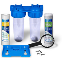 Dual Whole House Water Filter System, Transparent Standard Housings, Presser Relief Button, 3/4    Inlet/Outlet Brass Port, 5 Micron Sediment & Carbon Cartridges Meets Nsf Standards & Regulations