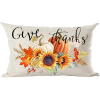 Ramirar Ink Painting Orange Pumpkins Sunflowers Maple Leaves Give Thanks Fall Decorative Lumbar Throw Pillow Cover Case Home Living Room Bed Sofa Car Cotton Linen Rectangular 12 X 20 Inches