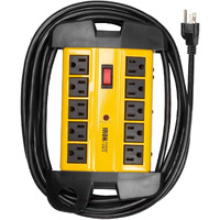 Iron Forge Cable 10 Outlet Heavy Duty Surge Protector Power Strip With Built-In Circuit Breaker, 14/3 Sjt Industrial Black & Yellow Metal Surge Suppressor With 15 Ft Long Extension Cord, Etl Certified