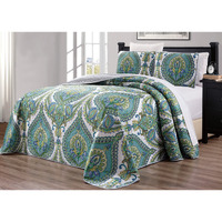 Grand Linen - 3-Piece Oversize (115 X 95) Fine Printed Prewashed Quilt Set Reversible Bedspread Coverlet King Size Bed Cover (Turquoise Blue, Grey, White, Sage Green)