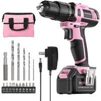 Workpro Pink Cordless 20V Lithium-Ion Drill Driver Set, 1 Battery, Charger And Storage Bag Included - Pink Ribbon