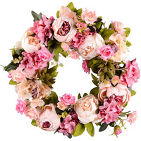 Lvydec Artificial Peony Flower Wreath - 15"" Pink Flower Door Wreath With Green Leaves Spring Wreath For Front Door, Wedding, Wall, Home Decor