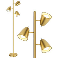 Qimh Tree Floor Lamp With 3 Light Bulbs, Standing Tall Pole Lamps For Living Room Bedroom Office, Reading Stand Up Lamps With 3 Adjustable Arms, Brushed Gold