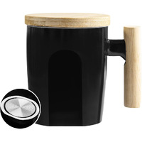 Howay Flat Bottom Mug With Wood Lid, Ceramic Tea Cup For Coffee Warmer, Flat Bottomed, Wooden Handle, 14Oz
