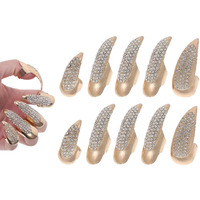 10 Pcs Halloween Costume Claws Fake Nails Ring Set, Bestga Gothic Punk 3 Sizes Crystal Full Finger Rings Paved Paw Bend Fingertip Fingernail Claw Girls Women Men Ring False Easy Long Nails (Golden)