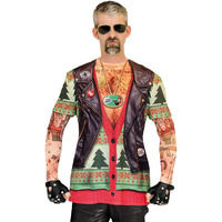 Faux Real Men's 3D Photo-Realistic Ugly Christmas Sweater Long Sleeve T-Shirt, Biker Xmas Tattoo, Large