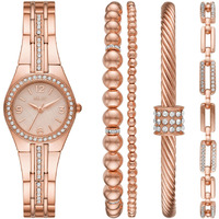 Queen's Court Three-Hand Rose Gold Tone Metal Watch Gift Set With Bracelet Accessories (Model: Zr97001)