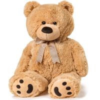 Joon Big Teddy Bear - Fluffy Fur, Ribbon & Bow Signature Footprints- Huggable & Lovable Joy - Ideal Gift For Baby Showers, Loved Ones - Perfect Big Cuddly Plush Toy Companion, 28 Inches, Tan