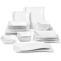 Malacasa Plates And Bowls Sets, 26 Pieces Ivory White Square Dinnerware Sets Without Mugs, Porcelain Dinnerware With Dinner Plates, Bowls And Serving Platters, Modern Dish Set For 6, Series Flora