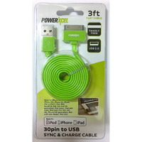 30 Pin To Usb 3Ft Flat Tangle Free Data Sync And Charge Cable For Ipod, Iphone, Ipad, Green