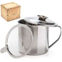 Aulett Home Bacon Fat Container With Oil Strainer - Storing Fats, Cooking Oil, Drippings - Oil Separator For Cooking - 1.25 Quart Or 5 Cups Stainless Steel Grease Keeper With Oil Fat Separator