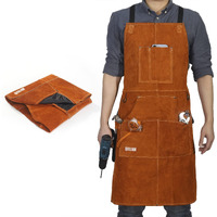 Qeelink Leather Welding Apron With 6 Pockets - Heat & Flame-Resistant Apron, 24'' X 42'', Adjustable M To Xxxl