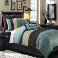 Royal Hotel Bedding Hudson Teal-Blue, Brown, And Cream King Size Luxury 8 Piece Comforter Set Includes Comforter, Bed Skirt, Pillow Shams, Decorative Pillows