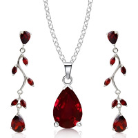 Crystalline Azuria Teardrops Set With Red Zirconia Crystals Necklace 18 Inches Dangle Earrings 18K White Gold Plated For Women