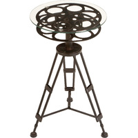 Deco 79 Metal Side End Accent Table Film Reel End Table With Tripod Legs And Glass Top, Side Table 15"" X 15"" X 25"", Black
