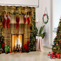 Broshan Fabric Christmas Shower Curtain, Red Christmas Shower Curtains For Bathroom, Winter Holiday Christmas Bathroom Decor, Xmas Tree Fireplace Pattern