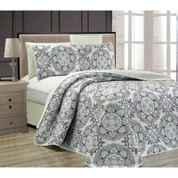 Mk Collection 3Pc Queen Oversize Reversible Quilted Bedspread Set Floral Gray White Black New