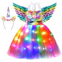 Soyoekbt Girls Unicorn Costume Led Light Up Unicorn Princess Dress Birthday Party Outfit Halloween Tutu Dress With Headband Rainbow Sequin+Rainbow Led 5-6Years
