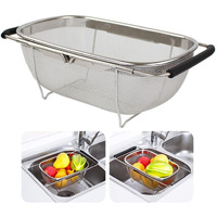 Ajioda Over The Sink Colander, 4 Quarts Stainless Steel Oval Colander With Expandable Rubber Grip Handle, Fine Mesh Strainer Baskets Kitchen Colander For Strain, Drain, Rinse Vegetables, Fruits, Black
