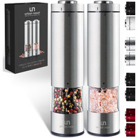 Electric Salt And Pepper Grinder Set - Battery Operated Stainless Steel Mill With Light (2 Mills) - Automatic One Handed Operation - Electronic Adjustable Shakers - Ceramic Grinders