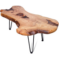 Bteobfy Natural Wood Edge Contemporary Coffee Cocktail Table, Live Edge Coffee Table,Living Room Coffee Table With Clear Lacquer Finish And Metal Hairpin Legs,Unique Desktop