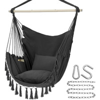 Y- Stop Hammock Chair Hanging Rope Swing, Max 500 Lbs, 2 Cushions Included, Large Macrame Hanging Chair With Pocket, Cotton Weave For Superior Comfort, Durability (Dark Grey)