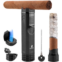 Xifei Cigar Lighter 3-Angled Jet Flames, Cigar Puncher, Cigar Draw Enhancer, Cigar Stand, 4-In-1Refillable Butane Torch Lighter (Sand Black)