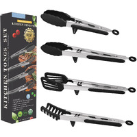 4In1 Stainless Steel Kitchen Food Tongs Set For Cooking With Silicone Tips, Toaster Steak Pie Pizza Pasta Spaghetti Noodles Salad Fruit Vegetable Grill Bbq Buffet Clamp Serving Tools Gadgets