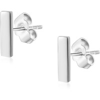 Womens Sterling Silver Tiny Bar Studs Push-Back Earrings In Sterling Silver White Gold Finish