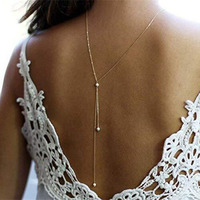 Olbye Back Necklace Pearl Backdrop Necklaces Body Chain Jewelry For Women Bridal Jewelry (Gold)