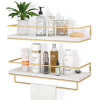 Zgo Floating Shelves White, Wall Mounted Storage Shelves With Golden Towel Rack For Bathroom, Kitchen, Bedroom, Set Of 2 (White)