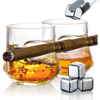 Youyah Cigar Whiskey Glasses With Cigar Holder-Set Of 2,Cigar Accessories,Crystal Glass With 4 Ice Cubes,Tong & Indented Cigar Rest,Rocks Glass,For Brandy,Cocktail,Vodka,Gifts For Men