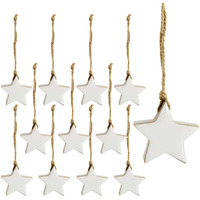 Auldhome Farmhouse Star Ornaments (12-Pack, White); Wood With White Enamel 2-Inch Star Christmas Decorations, Retro Vintage Enamelware Style