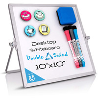 Small White Board 10""X10"" - Desktop Dry Erase Whiteboard With Stand, 3 Markers, 4 Magnets & Eraser - Tabletop Double-Sided Portable Mini White Board Easel For Office Desk, Kids Home School Students