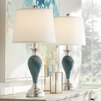 Regency Hill Arden 25"" High Twist Column Modern Coastal Table Lamps Set Of 2 Green-Blue Glass Living Room Bedroom Bedside Nightstand House Office Home Reading Kitchen Entryway Console Family