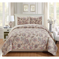 Luxury Home Collection 3 Piece King/Cal King Quilted Reversible Coverlet Bedspread Set Floral Printed Beige Pink Blue #Hilton (King/Cal King)