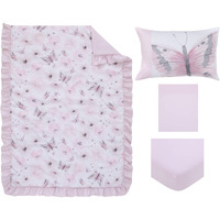 Everything Kids Floral Butterfly Pink, White, & Gray 4Piece Toddler Bed Set - Comforter, Fitted Bottom Sheet, Flat Top Sheet, & Reversible Pillowcase, Pink, White, Grey, 5345416P