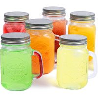 Estilo Mason Jar, 16 Oz, Set Of 6, Glass Drinking Cups With Handles, Tin Lids, Overnight Oats Jars, Smoothie Cups