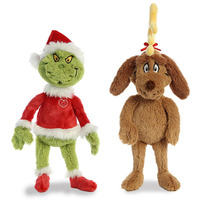 Aurora World Plush Bundle Of 2, 18"" Grinch Santa, & 18"" Max With Antler, Multicolor