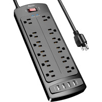 Power Strip, Alestor Surge Protector With 12 Outlets And 4 Usb Ports, 6 Feet Extension Cord (1875W/15A), 2700 Joules, Etl Listed, Black