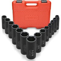 Neiko 02476A 1/2"" Impact Socket Set, 14 Piece 6 Point Impact Set, Standard Impact Socket Set, Sae Sizes (3/8-Inch To 1-1/14"") Cr-V Steel, Deep Socket Set 1/2 Drive
