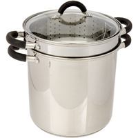 Excelsteel 12 Qt Multifunction Stainless Steel Pasta Cooker With Encapsulated Base, Vented Glass Lid, And Riveted Silicone Covered Handles